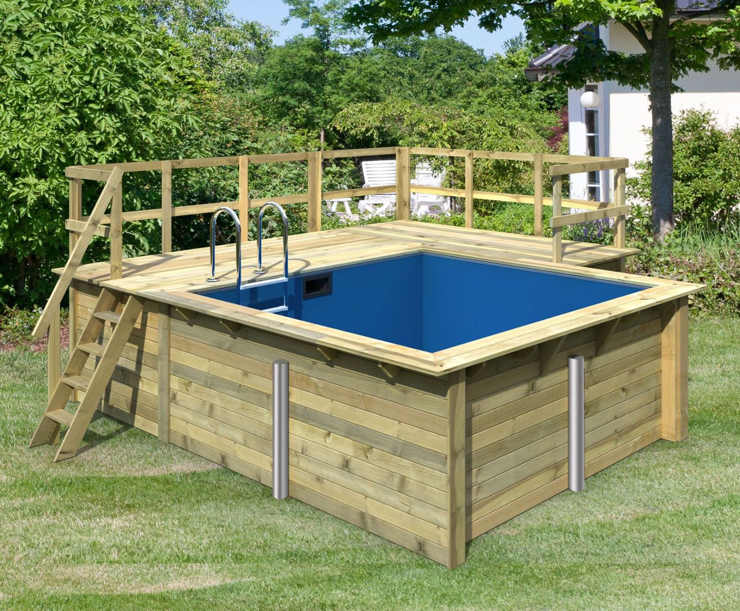 Garten Pool 1 rechteckig aus Holz, Farbe: Natur KDI, Ø 476 cm, inkl. Leitern & Terrasse 2-teilig