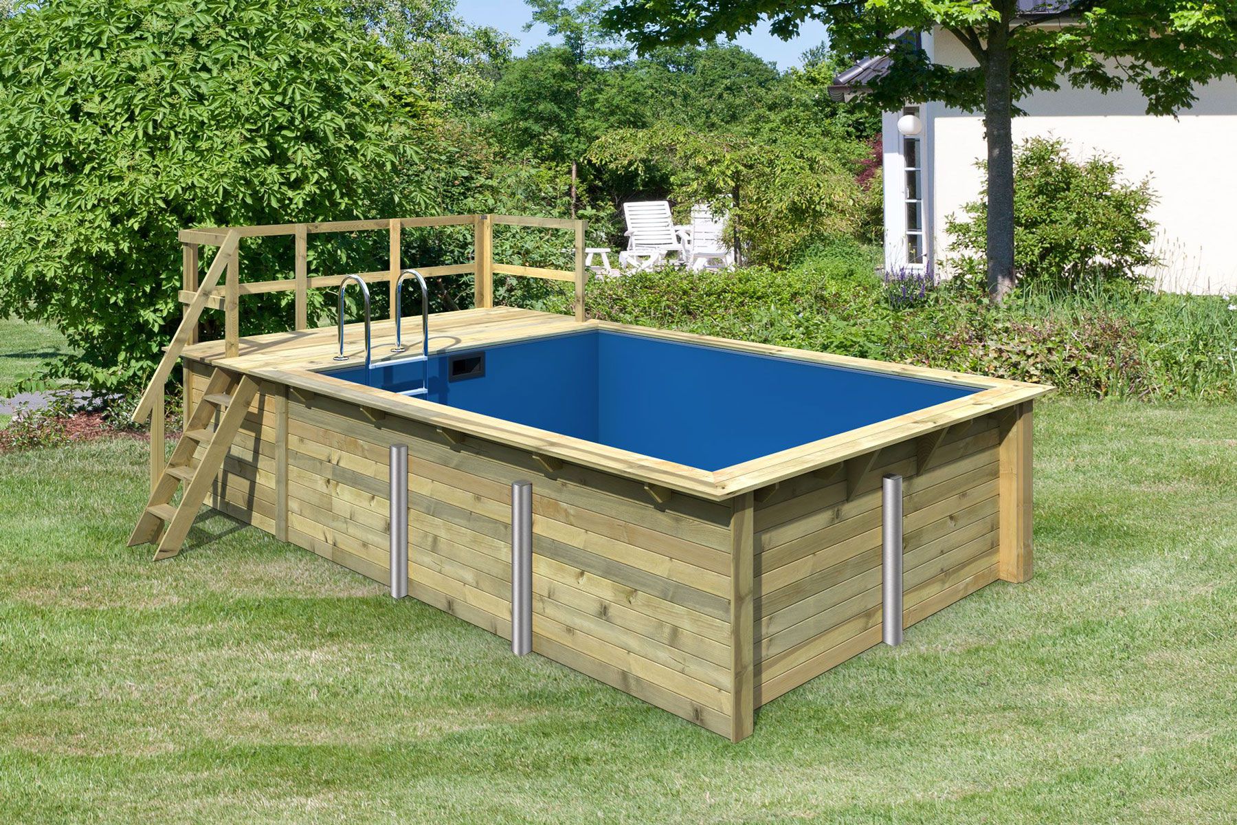 Holzpool 2 SET rechteckig, Farbe: Natur KDI, Ø 564 cm, inkl. Leitern & Terrasse