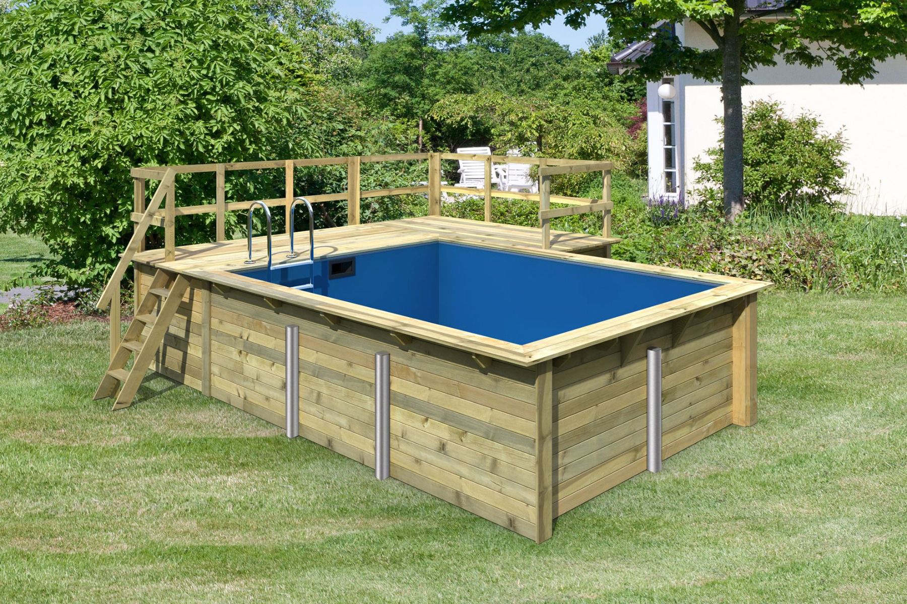 Garten Pool 2 SET rechteckig aus Holz, Farbe: Natur KDI, Ø 564 cm, inkl. Leitern & Terrasse 2-teilig