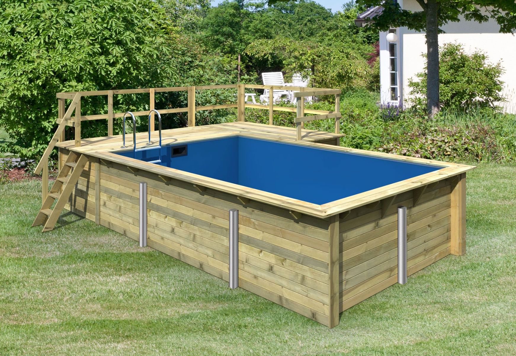 Holzpool 3 SET rechteckig, Farbe: Natur KDI, Ø 637 cm, inkl. Leitern & Terrasse 2-teilig