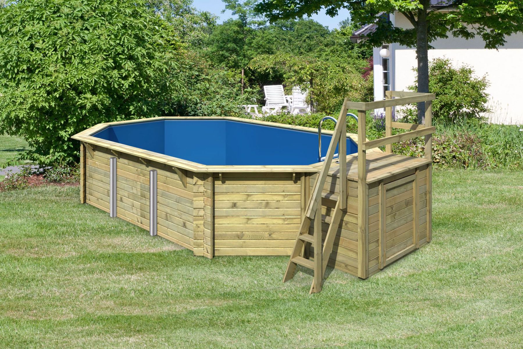 Pool 4 SET aus Holz, Farbe: Natur KDI, Ø 633 cm, inkl. Leitern & Terrasse