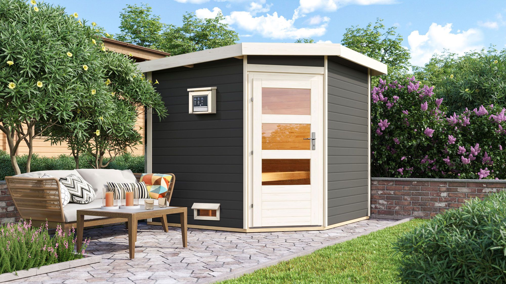 Saunahaus "Elvy" SET mit Ofen BIO 9 kW & moderner Tür, Farbe: Terragrau - 231 x 231 cm (B x T), Grundfläche: 4,7 m²