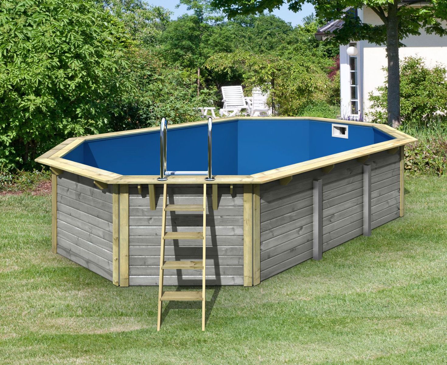 Holz Pool Modell 4 X SET, Farbe: Wassergrau Lasiert, Ø 632,5; inkl. Leitern