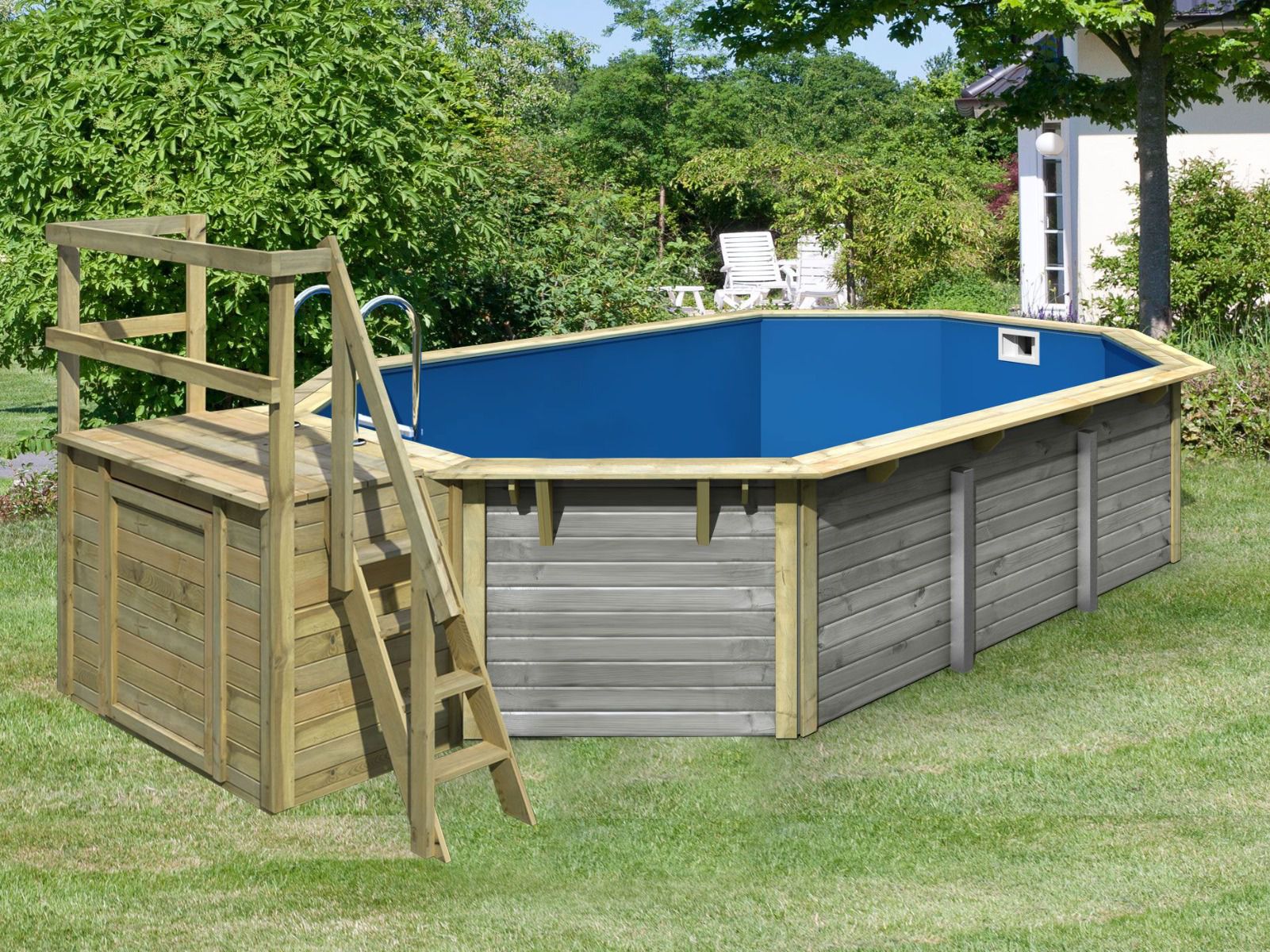 Pool Modell 4 X SET aus Holz, Farbe: Wassergrau, Ø 632,5; inkl. Leitern & Terrasse