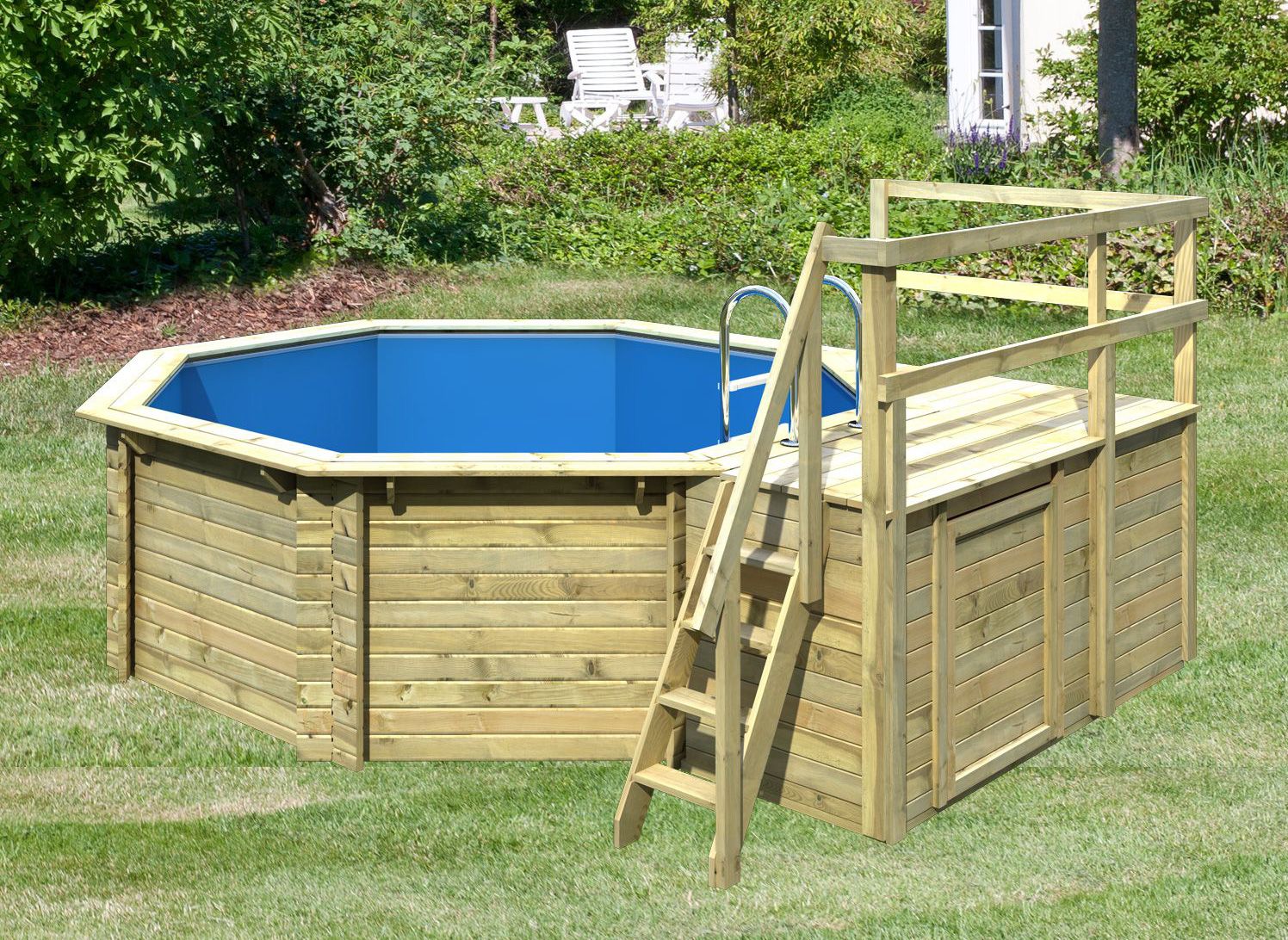 Holzpool 1 C SET, Farbe: Natur KDI, Ø 433 cm, inkl. Leitern & Terrasse 2-teilig