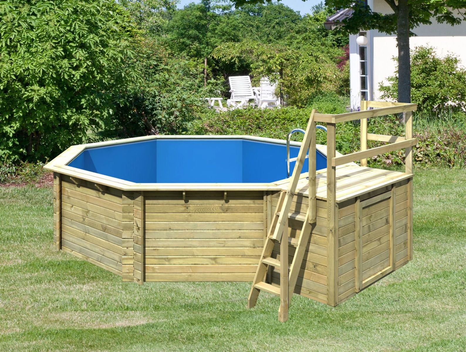 Pool Modell 2 B aus Holz, Farbe: Natur KDI, Ø 509 cm, inkl. Leitern & Terrasse