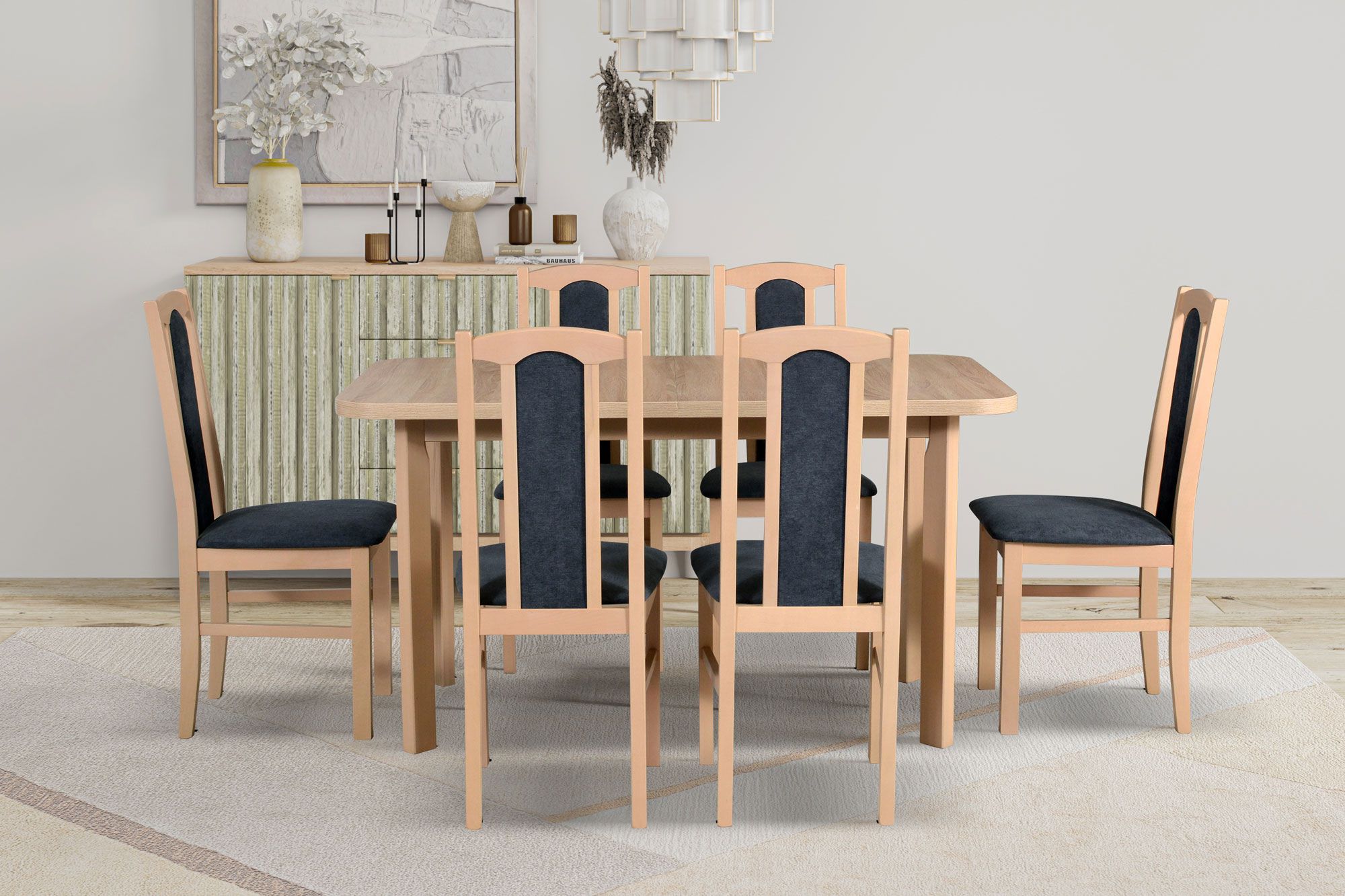 Esszimmer Komplett - Set E, 7 - teilig, Holzfarbe: Eiche, exklusives Design, sehr gute Stabilität, 6 massive Holzstühle, weiche Polsterung, pflegeleicht