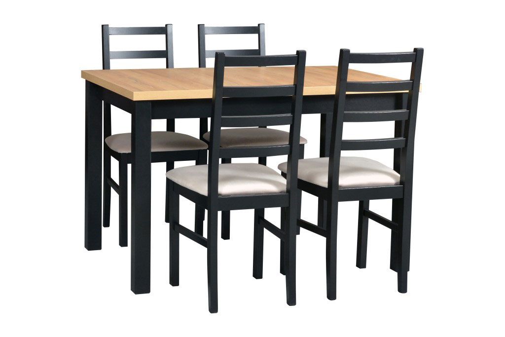 Esszimmer Komplett - Set U,  5 - teilig, zeitloses Design, 4 Holzsessel mit bequemer Polsterung, robuster Esstisch in Schwarz/Eiche, hochwertiges Holz