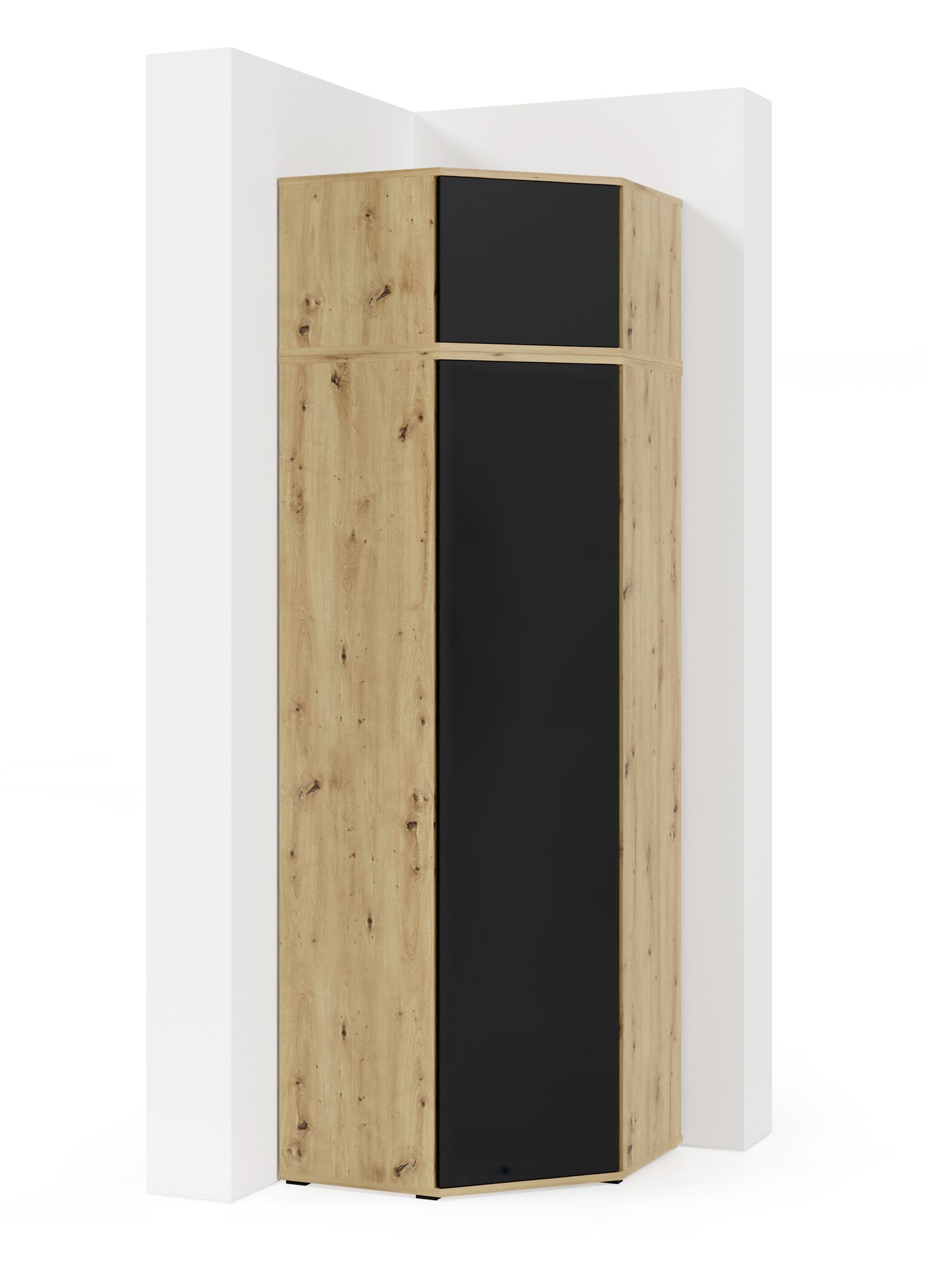 Eckkleiderschrank im modernen Design Zapopan 61, Farbe: Eiche Artisan / Schwarz, Push-to-open Funktion, sechs Fächer, Maße: 225 x 70 x 70 cm, zwei Kleiderstangen