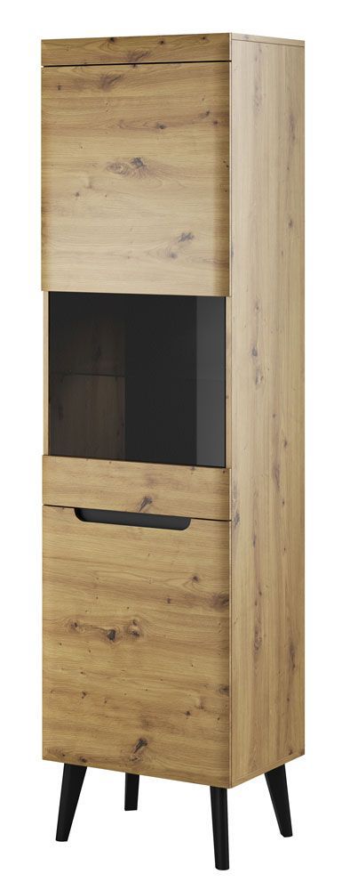 Vitrine mit sechs Fächern Polmadie 10, Farbe: Eiche Artisan / Schwarz - Abmessungen: 197 x 53 x 40 cm (H x B x T)