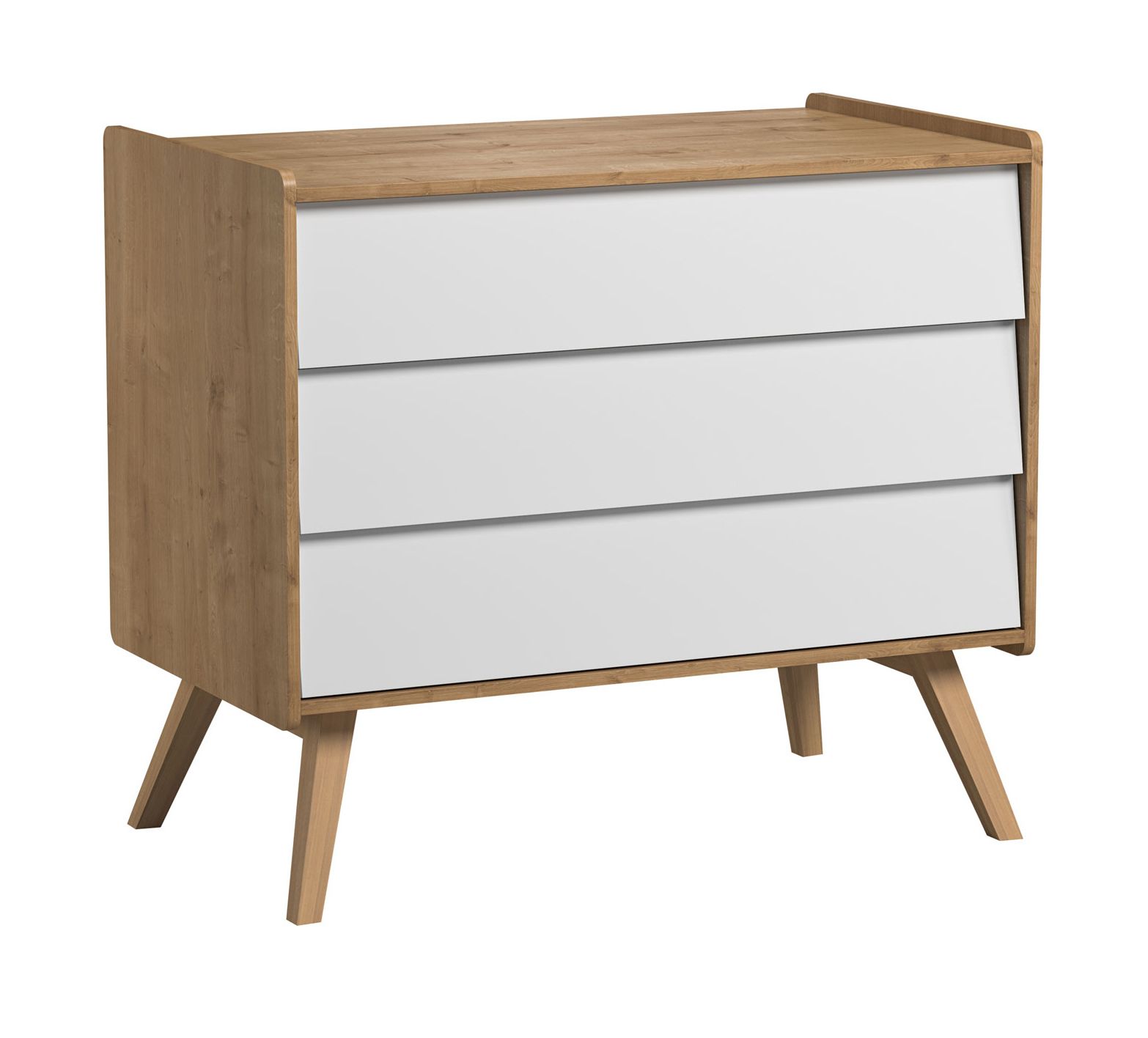 Helle Kommode mit drei Schubladen Aleksander 16, Push-to-open Funktion, Farbe: Eiche / Weiß, Maße: 90 x 100 x 58 cm, modernes und einfaches Design