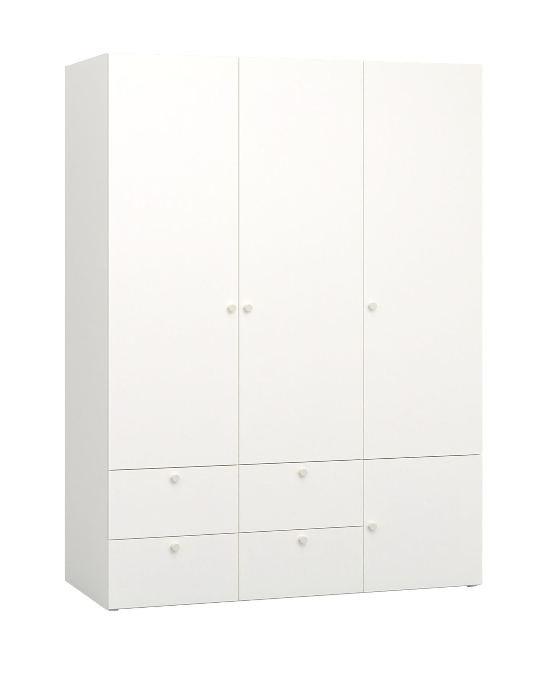 Kleiderschrank mit sechs Fächer Aenna 13, Farbe: Weiß / Eiche, Maße: 202,5 x 151 x 60 cm, Griffe: Weiß, vier Schubladen, zwei Kleiderstangen