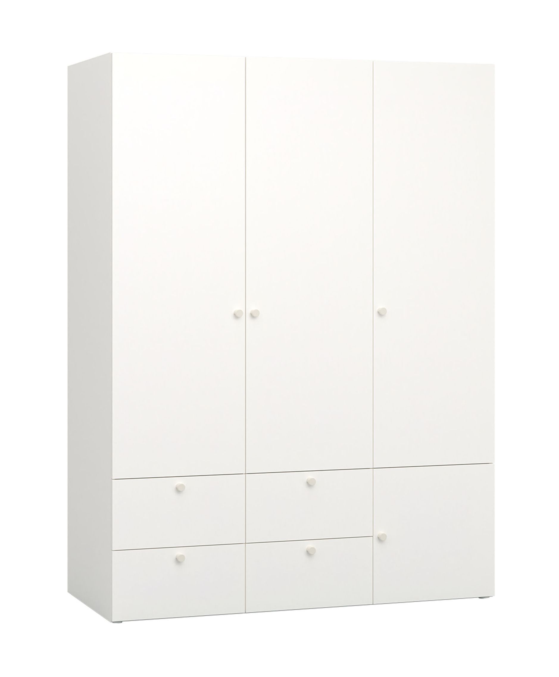 Moderner Kleiderschrank mit zwei Kleiderstangen Aenna 15, Farbe: Weiß / Grau, Maße: 202,5 x 151 x 60 cm, Griffe: Weiß, sechs Fächer, integrierte LED-Beleuchtung