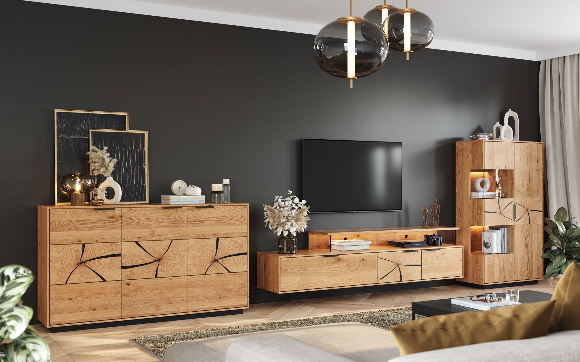 Wohnzimmer Komplett - Set C Rania, 3-teilig, Massivholz Eiche, Front teilweise aus Stirnholz, Griffe aus Metall in Schwarz, geölte Oberfläche, Soft Closing System