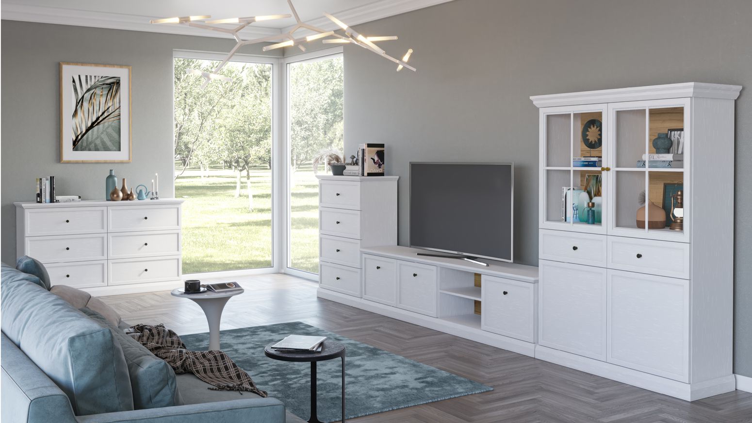 Wohnzimmer Komplett - Set A Torsakala, 4-teilig, Griffe aus Metall in Schwarz, Farbe: Weiß Opal, ABS Kantenschutz, ohne Füße, verzierte Deckplatte und Sockel