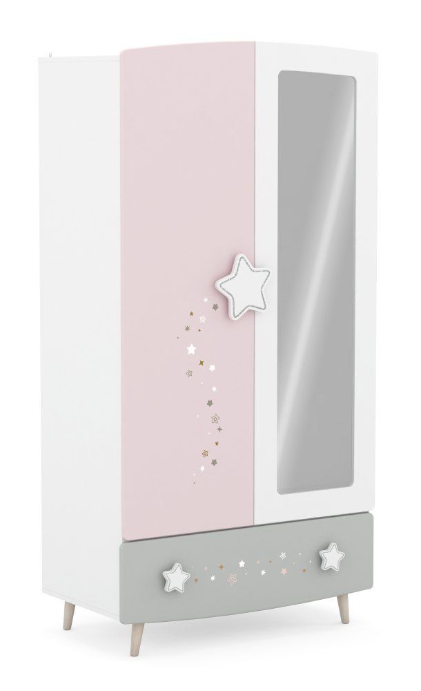 Kinderzimmer - Drehtürenschrank / Kleiderschrank Ines 08, Farbe: Weiß / Rosa / Grau - Abmessungen: 189 x 95 x 52 cm (H x B x T)