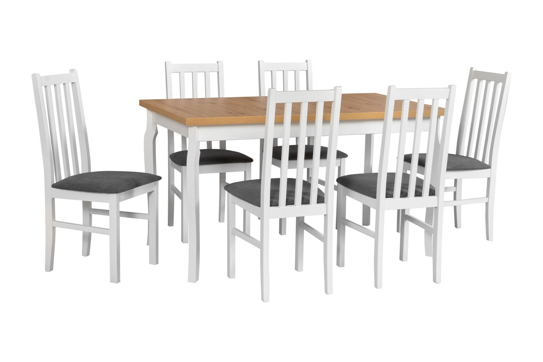 Esszimmer Komplett - Set G, 7 - teilig, ausziehbarer Tisch, gepolsterte Sessel, Farbe: Weiß/Eiche, modernes und einfaches Design, sehr gute Stabilität