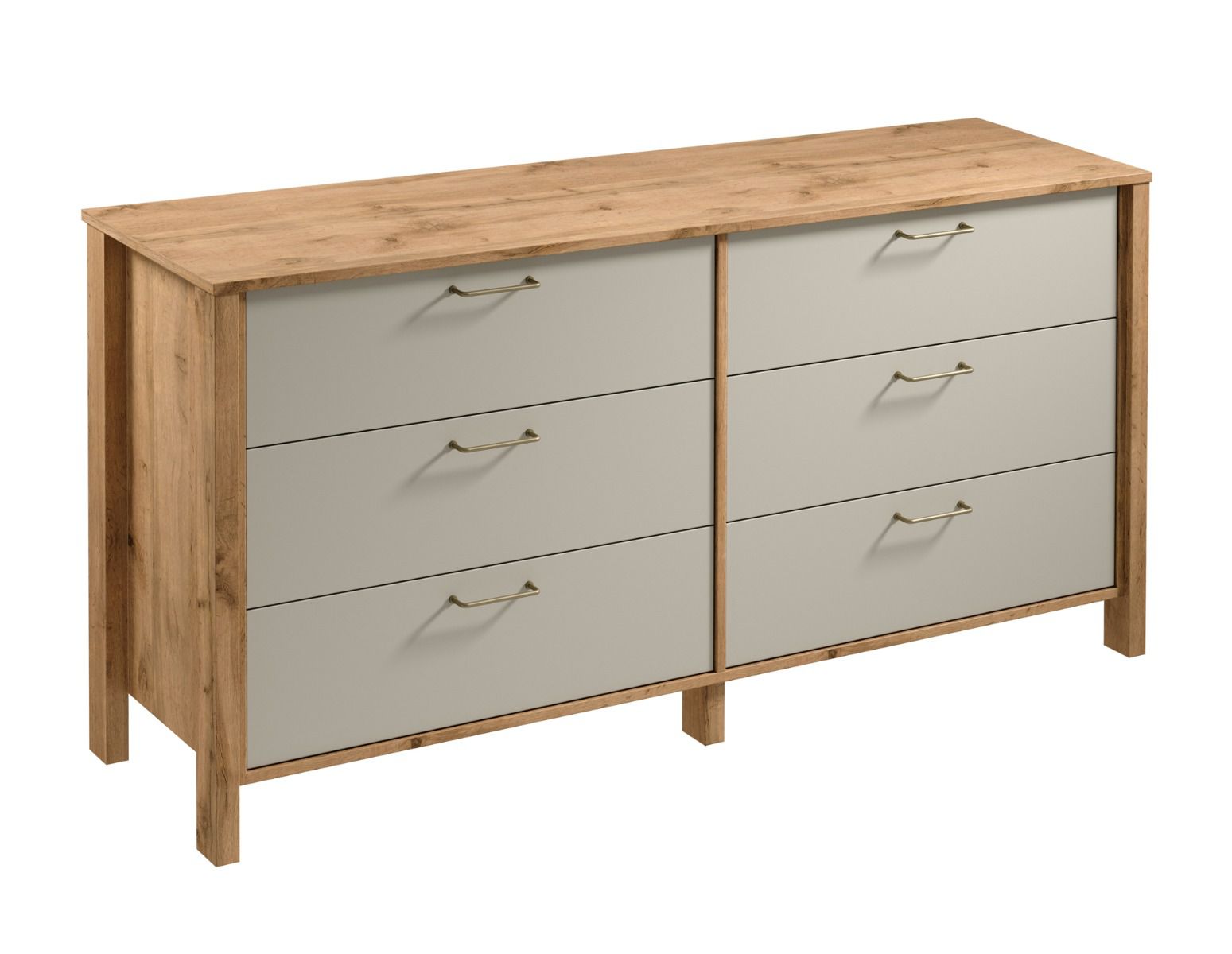 Kommode/Sideboard Braianik 05, Eiche Wotan / Beige, 6 großzügige Schubladen, Wohnzimmer, Schlafzimmer, 81 x 171 x 47 cm, ABS, Griffe aus Metall