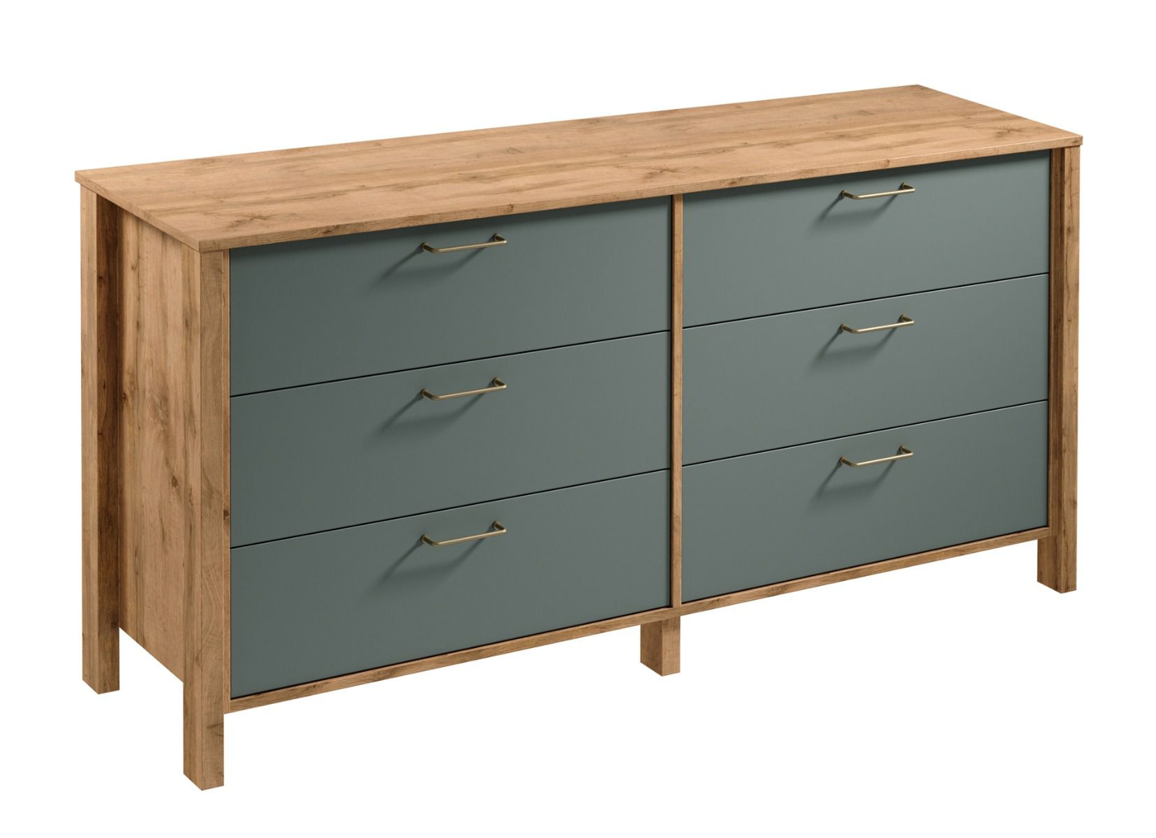 Kommode / Sideboard Braianik 21, Farbe: Eiche Wotan / Grün, 81 x 171 x 47 cm, Griffe aus Metall, 6 geräumige Schubladen, Wohnzimmer, Schlafzimmer