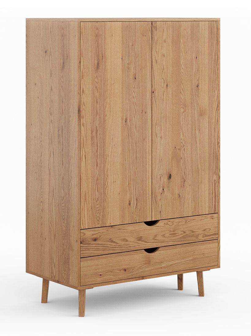 Schrank Mina 07 aus massiver Wildeiche, Natur, 2 Türen mit Push-to-open, 2 Schubladen mit Soft-Close System, inkl. 1 Kleiderstange, 180 x 110 x 60 cm