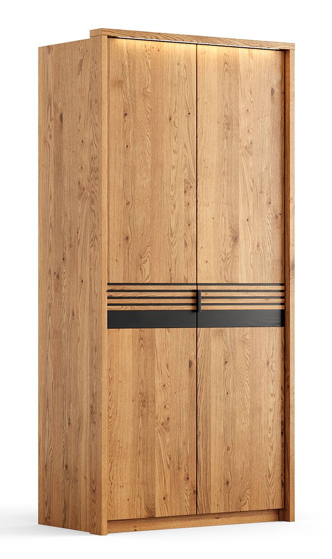 Kleiderschrank Thari 01 in Eiche / Schwarz, aus Massivholz, 219 x 106 x 58 cm, 2 Türen, 1 Einlegeboden, 1 Kleiderstange, Soft-Close System, luxuriös