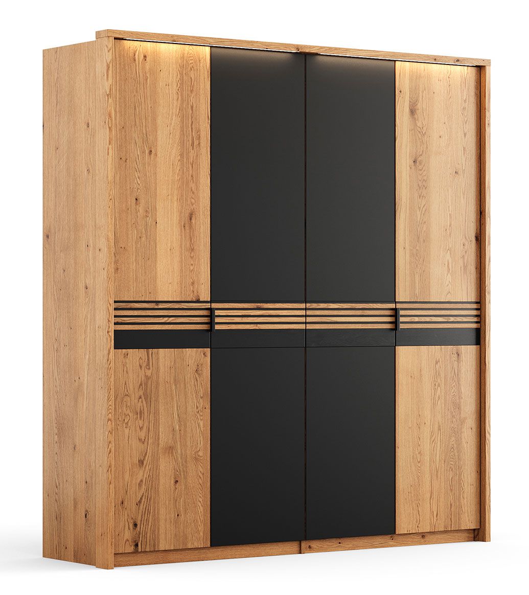 Kleiderschrank Thari 05 in Eiche / Schwarz, geöltes Massivholz, 219 x 206 x 58 cm, mit 2 Türen, 2  schwarze Glastüren, 2 Kleiderstangen, 2 Einlegeböden