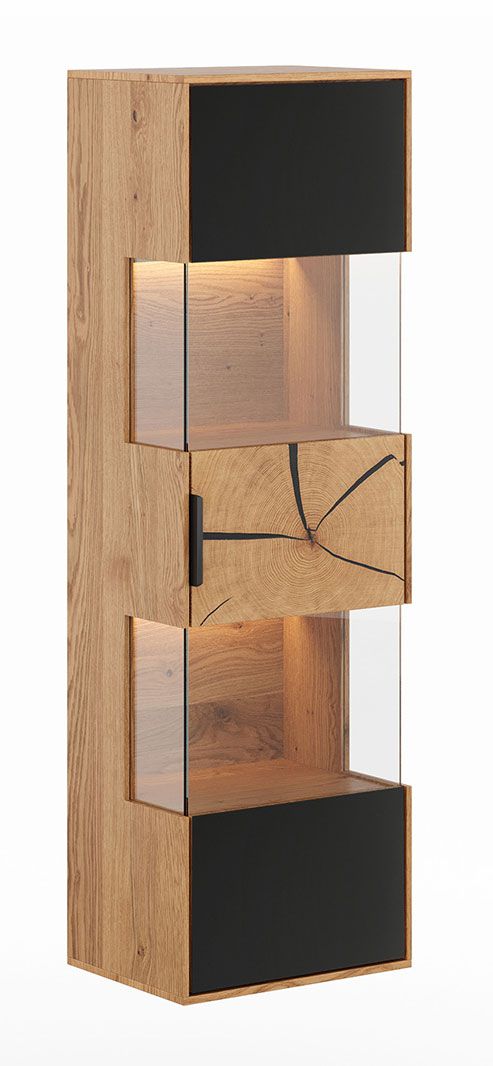 Hängevitrine Rania 16 in Eiche / Schwarz, Massivholz, 142 x 43 x 33 cm, Front aus Stirnholz und Glas, 1 Tür, 4 Böden, 5 Fächer, inkl. LED-Beleuchtung