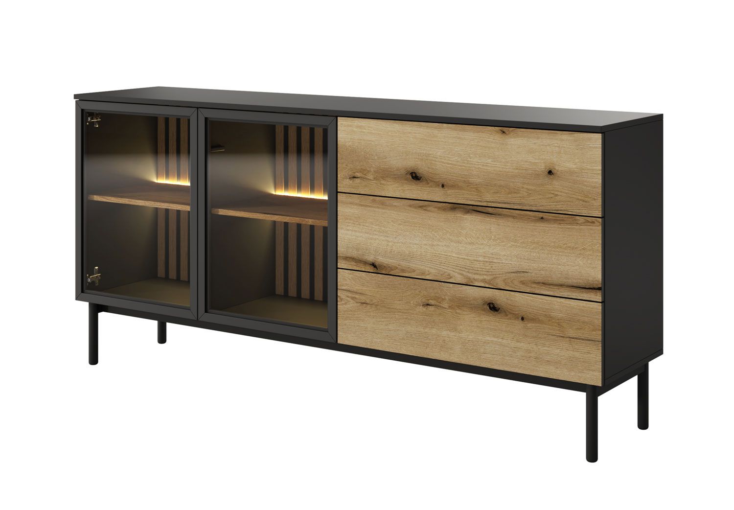 Sideboard mit Push-to-open Funktion Zeraoua 04, inkl. LED-Beleuchtung, ABS-Kantenschutz, Farbe: Schwarz / Eiche, Maße: 84 x 180 x 39 cm, vier Fächer