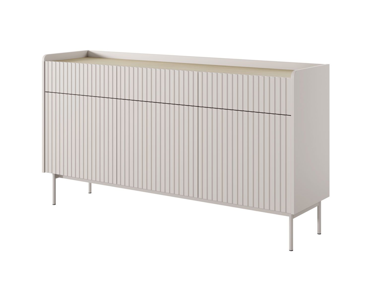 Sideboard mit Push-to-open Skhira 02, Push-to-open, Farbe: Beige / Eiche Scandi, drei Türen, Maße: 82 x 153 x 38 cm, drei Schubladen, ABS-Kantenschutz