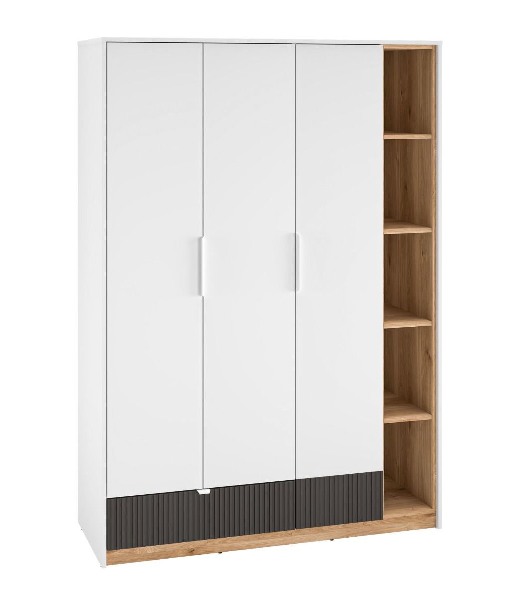 Kleiderschrank mit drei Türen Mackinac 01, Farbe: Weiß / Eiche / Grafit matt, Soft-Close-System, ABS-Kantenschutz, Maße: 196 x 138 x 53 cm, mit einer Schublade und 11 Fächer