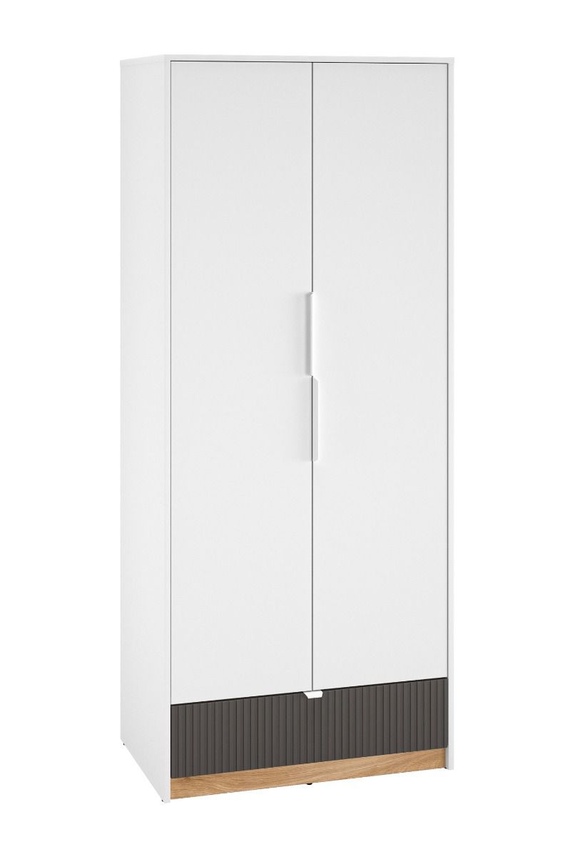 Moderner Kleiderschrank Soft-Close-System Mackinac 02, Farbe: Weiß / Eiche / Grafit matt, ABS-Kantenschutz, Maße: 196 x 82 x 53 cm, mit zwei Türen, einer Schublade und ein Fach