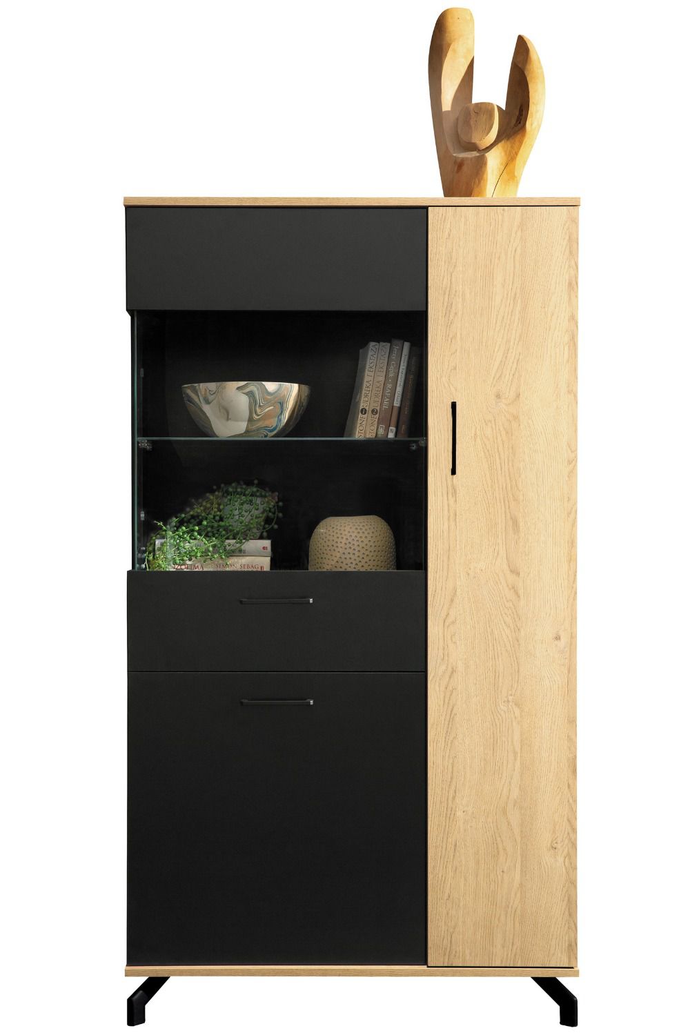 Vitrine Riemst 05, Farbe: Eiche / Schwarz - Abmessungen: 164 x 90 x 40 cm (H x B x T)