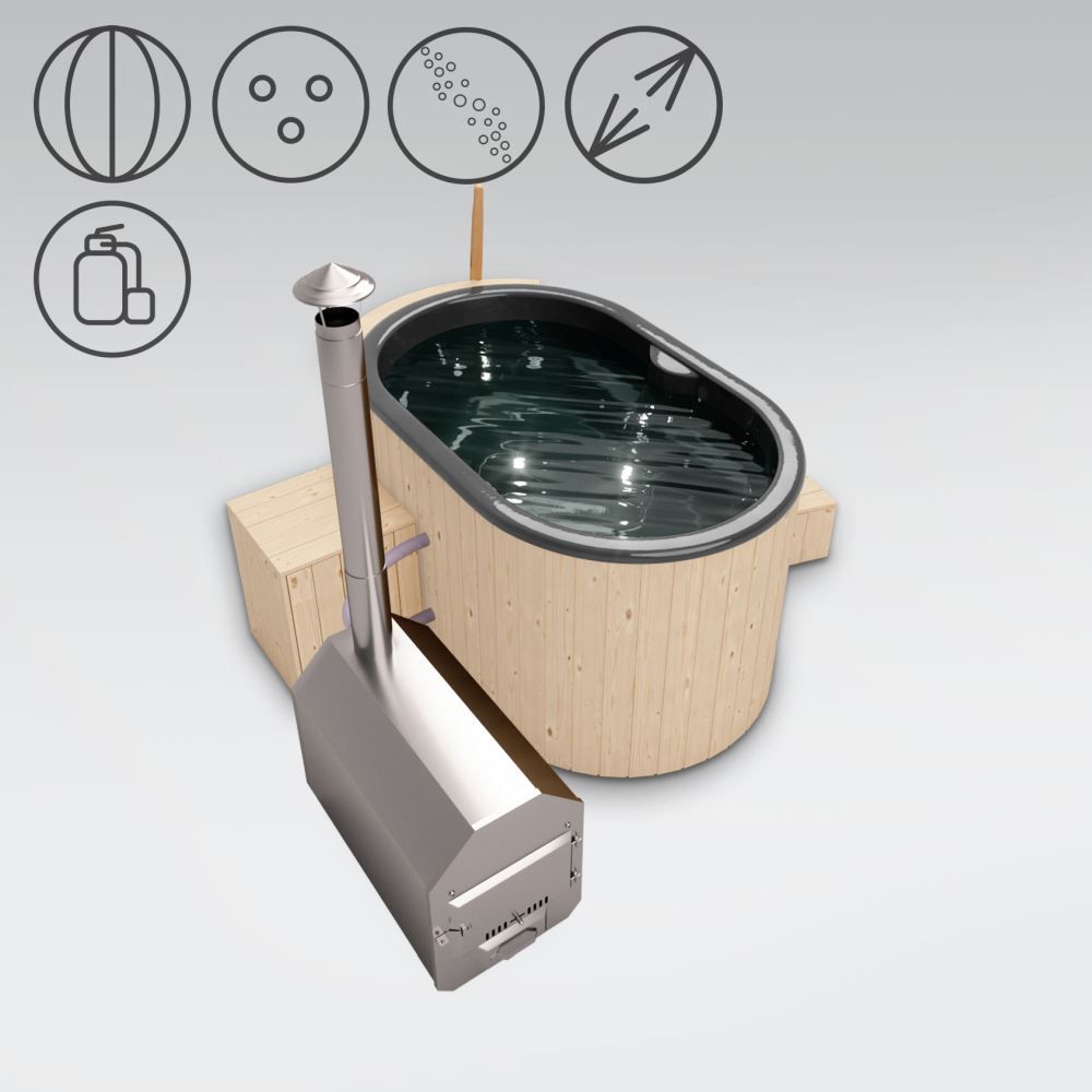 Hot Tub 02 aus Fichtenholz mit LED-Beleuchtung, Thermodeckel, Kombimassagedüsen, Sandfilter, Holzbox und Wärmedämmung, Wanne: Anthrazit, Außenabmessungen: 189 x 118 cm (L x B)