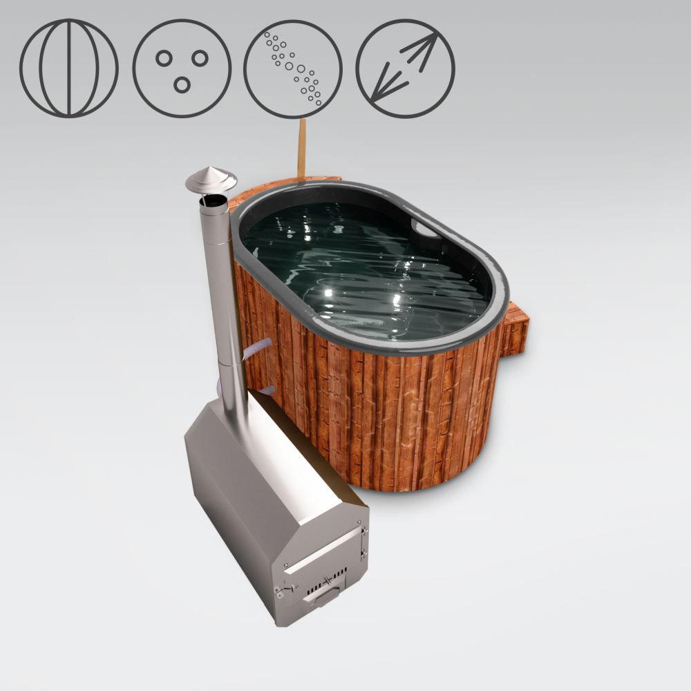 Hot Tub 02 aus Thermoholz mit LED-Beleuchtung, Thermodeckel, Kombimassagedüsen und Wärmedämmung, Wanne: Anthrazit, Außenabmessungen: 189 x 118 cm (L x B)