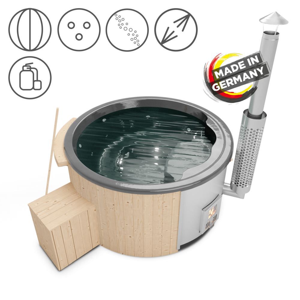 Hot Tub 03 aus Fichtenholz mit LED-Beleuchtung, Thermodeckel, Kombimassagedüsen, Sandfilter, Holzbox und Wärmedämmung, Wanne: Anthrazit, Innendurchmesser: 180 cm