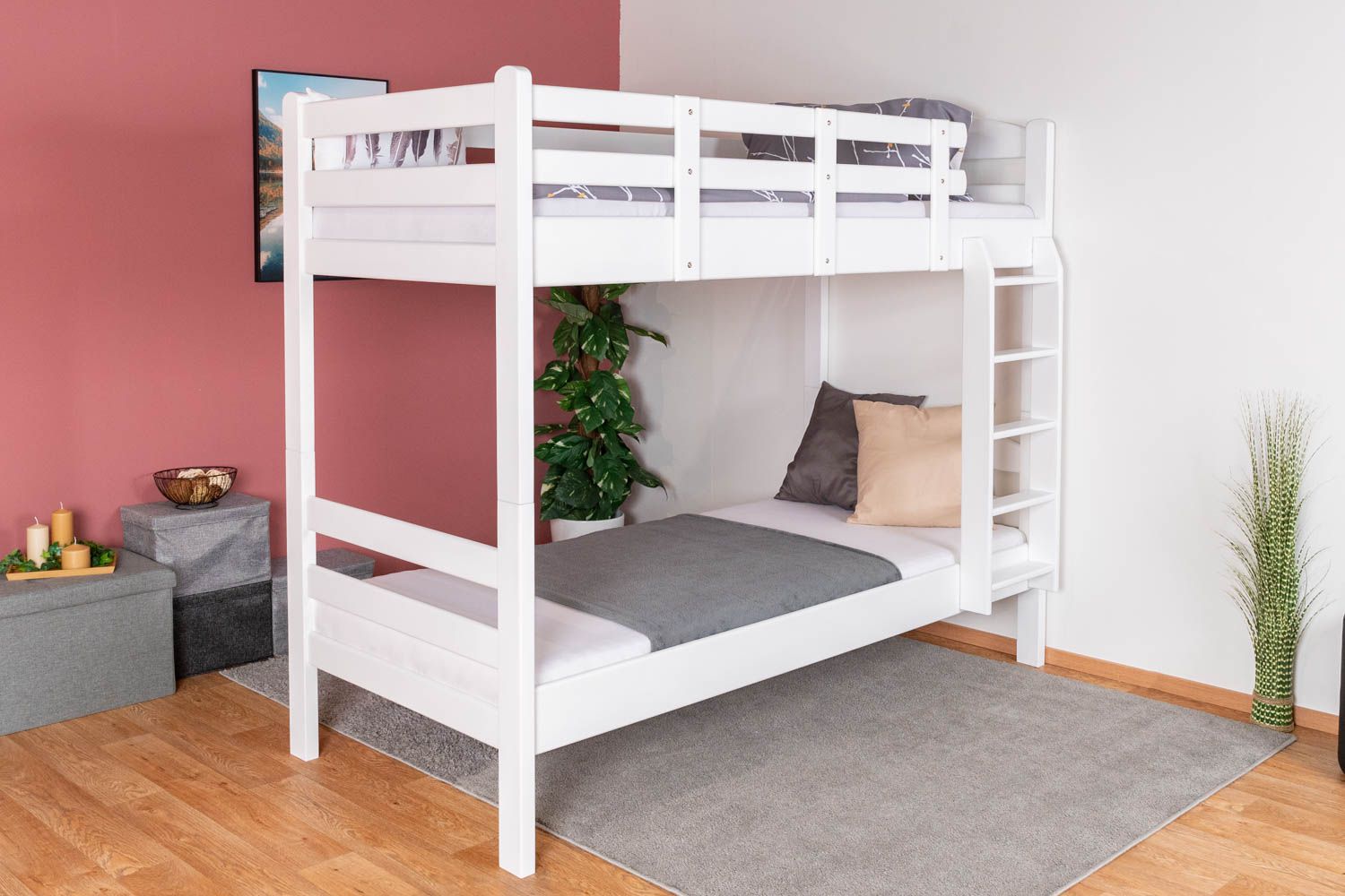 Stockbett für Erwachsene "Easy Premium Line" K17/n, Höhe 174 cm, Buche Massivholz weiß lackiert, Liegefläche 90 x 200 cm, teilbar, großer Abstand zwischen den Betten