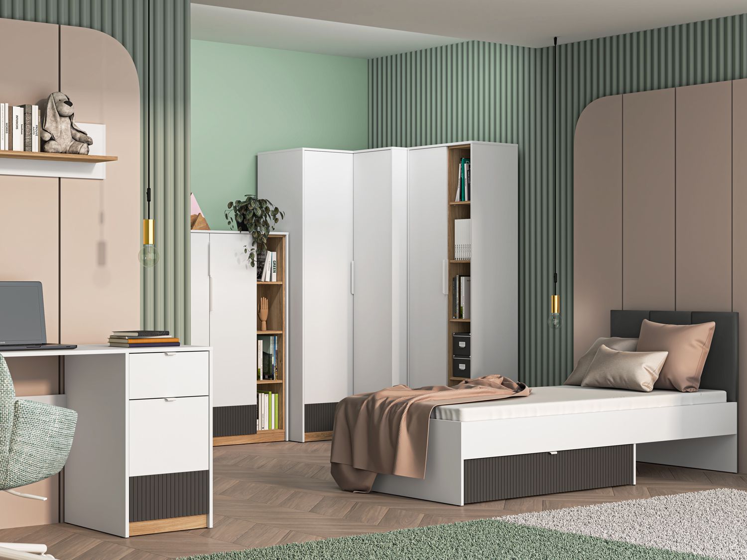 Jugendzimmer / Gästezimmer - Set E Mackinac, Farbe: Weiß / Eiche / Grafit matt, mit genügend Stauraum, 6-teilig, ABS-Kantenschutz, mit Soft-Close System, Griffe: Metall