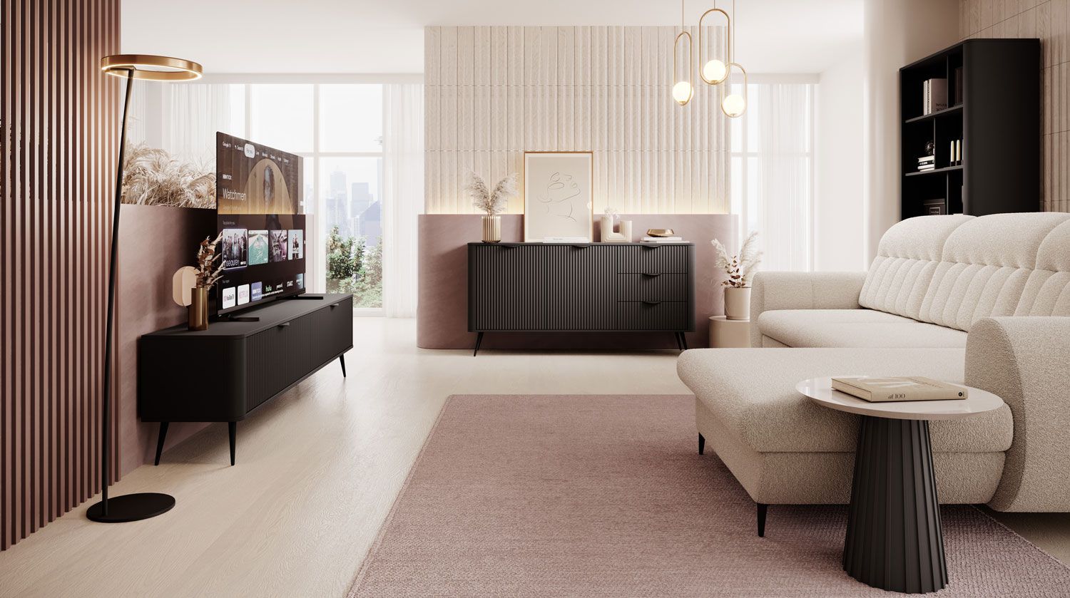 Modernes Wohnzimmer - Set B Sloughia, 3-teilig, ABS-Kantenschutz, Farbe: Schwarz, elegant und stylisch zugleich