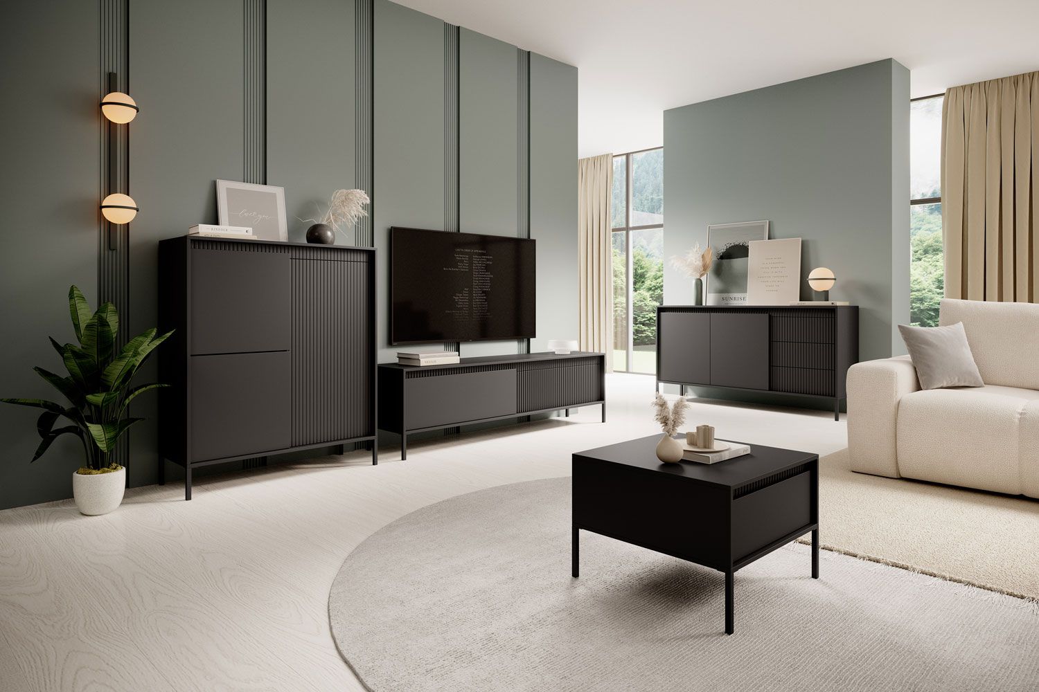 Stylisches Wohnzimmer - Set D Balta, 4-teilig, Beine: Metall, Farbe: Schwarz, ABS-Kantenschutz, Push-to-open Funktion
