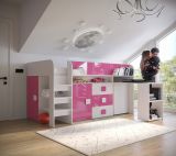 Stylisches Funktionsbett / Kinderbett mit Stauraum und Schreibtisch Jura 53, ABS-Kantenschutz, Farbe: Weiß / Pink, Liegefläche: 90 x 200 cm, vielfältige Nutzungsmöglichkeiten