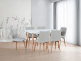 Esstisch - Set T mit 6 Sessel, ausziehbarer Esstisch, modernes Design, hohe Festigkeit und Haltbarkeit, robustes Material, Farbe: Weiß/Buche, Polster: Beige