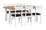 Esszimmer Komplett - Set O, 7 - teilig, ausziehbarer Holztisch in Weiß/Eiche, 6 weiße Holzstühle mit bequemer Polsterung in Schwarz, robustes Holz
