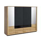 Kleiderschrank / Drehtürenschrank "Topusko" 38, Farbe: Eiche / Schwarz, teilmassiv - Abmessungen: 196 x 242 x 63 cm (H x B x T)