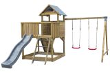 Spielturm S1B inkl. Wellenrutsche, Doppelschaukel-Anbau, Balkon, Sandkasten und Rampe - Abmessungen: 400 x 450 cm (B x T)