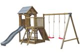 Spielturm S2B inkl. Wellenrutsche, Doppelschaukel-Anbau, Balkon, Sandkasten und Rampe - Abmessungen: 400 x 390 cm (B x T)