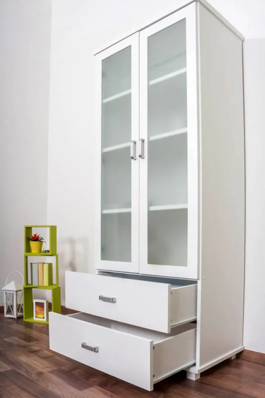 Schmaler 80 cm breiter Kleiderschrank mit 2 Türen, 8 Fächern und 2 Schubladen aus Massiv-Holz | Farbe: Weiß | Tiefe: 50 cm Abbildung