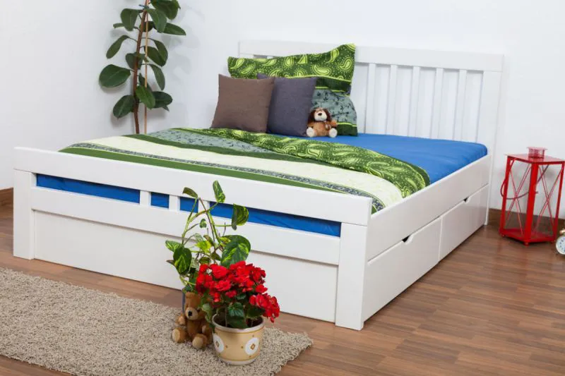 Doppelbett / Funktionsbett "Easy Premium Line" K8 inkl. 2 Schubladen und 1 Abdeckblende, 160 x 200 cm Buche Vollholz massiv weiß lackiert